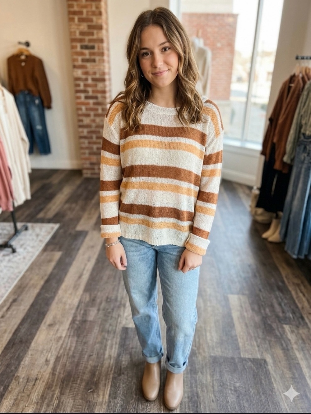 l*space Cream Sweater with Brown and Mustard Stripes